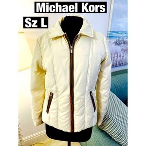 Michael Kors Puffer, Down Filled Jacket Faux Leather trimmed Sz Lg New C…